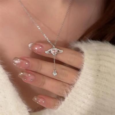 Fashion Crystal Angel Wings Heart Pendant Necklaces for Ladies Girl Simple Pink White Zircon Love Pendant Women Elegant Jewelry Necklace