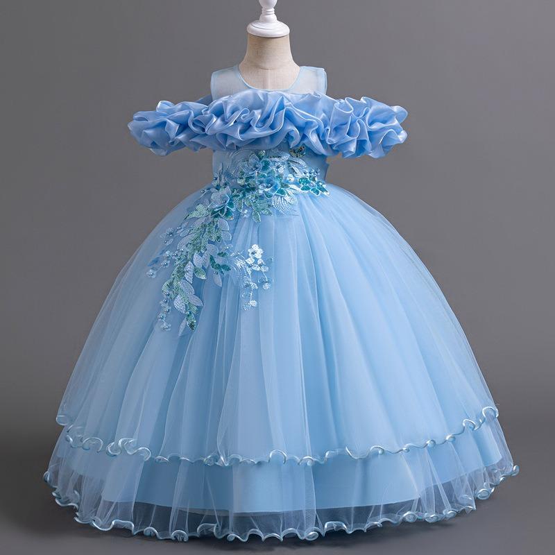 Girls Kids Princess Long Tulle Dress Birthday Party Formal Occasion Dress