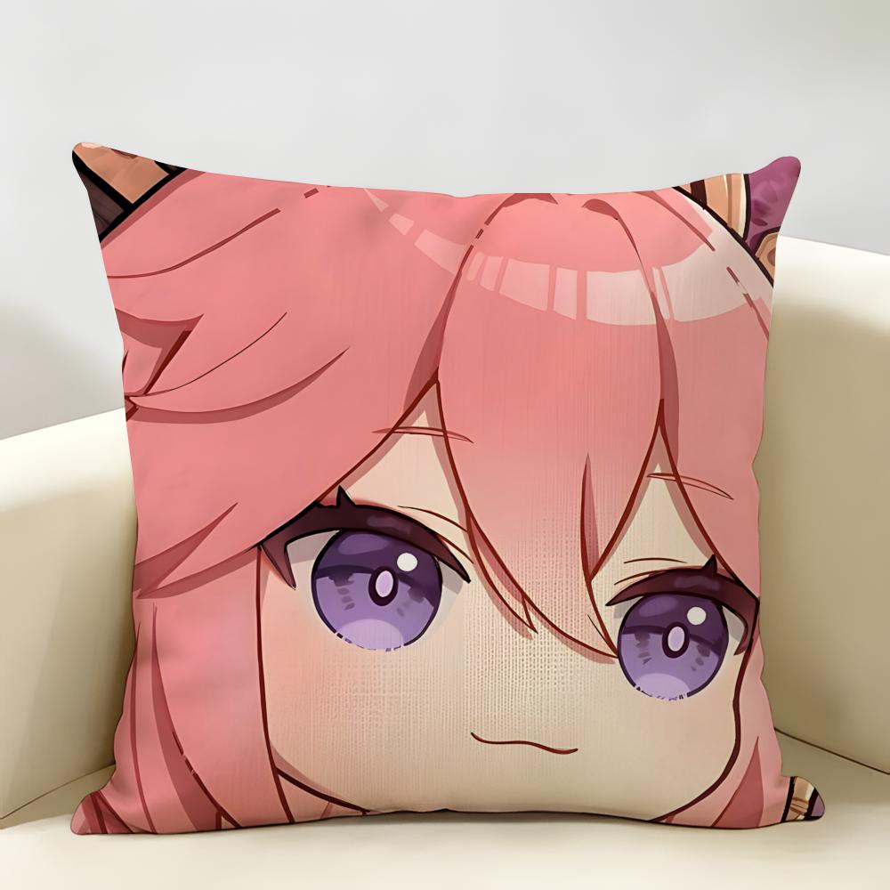 Yae Miko Cute Genshin Impact Cushion Cover Natural Linen Organic Fabric DoubleSided Printing Room Sofa Decor Pillow Case