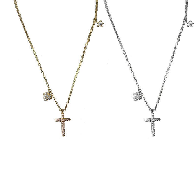 Ganzkörper-Halskette aus koreanischer Mode mit Kreuz, Herz und Stern, mit Diamanten besetzt, Schlüsselbein-Halskette für Damen
