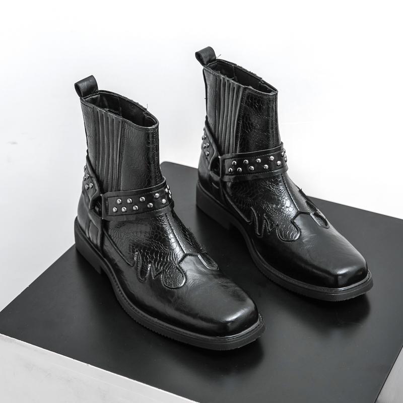 

Высококачественные мужские ботинки из коровьей кожи, удобные, с высоким голенищем, модные, осенние, из крокодиловой кожи, с заклепками, мужские ботинки средней высоты 46 чёрный