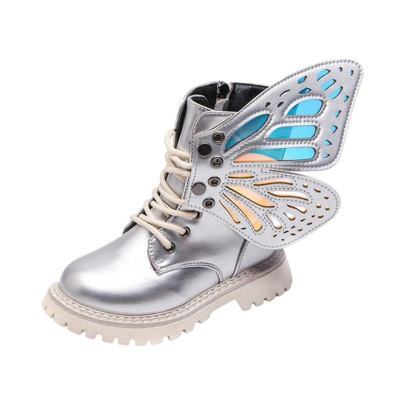 Girls Boots Autumn Winter Fashion Butterfly Princess Botas Casual Non-slip Ankle Boots Silver Patent Leather Kids Shoes 2026