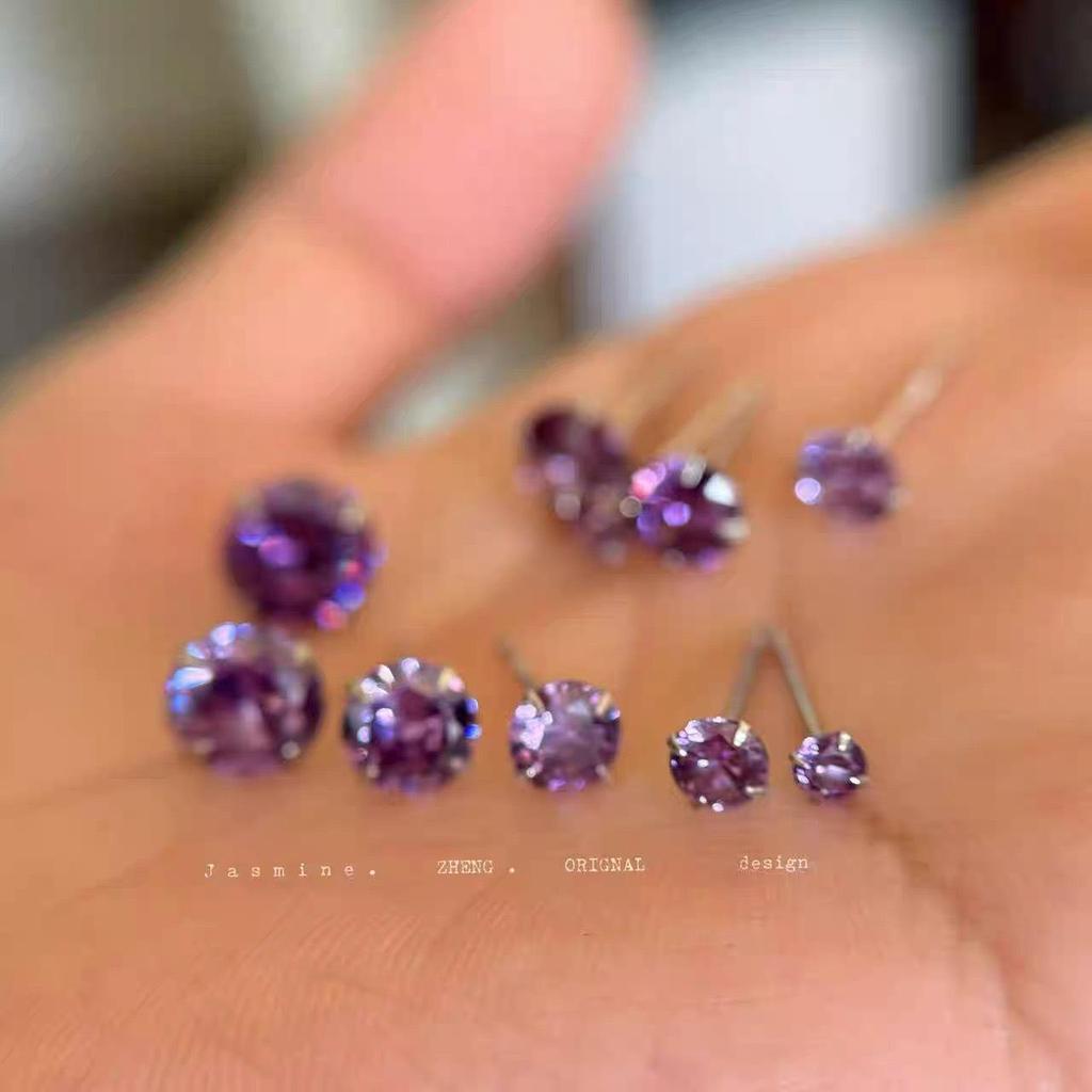 Beixi S999 Sterling Silver Zirconia Stud Earrings - Super Shiny, White & Purple, Versatile for Cartilage, Comfortable for Sleeping