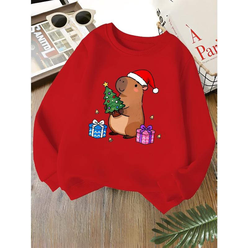 Kids Unisex Crewneck Sweatshirt, Cute Christmas Capybara Santa Hat Xmas Tree Gift Bell Print Soft Long Sleeve Pullover For Boys Girls Over 4 Years Old