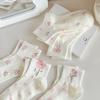 Women's Autumn/Winter Short Socks - Cute Japanese Style with Pink Flowers, Polka Dots & Bow, White Versatile Design