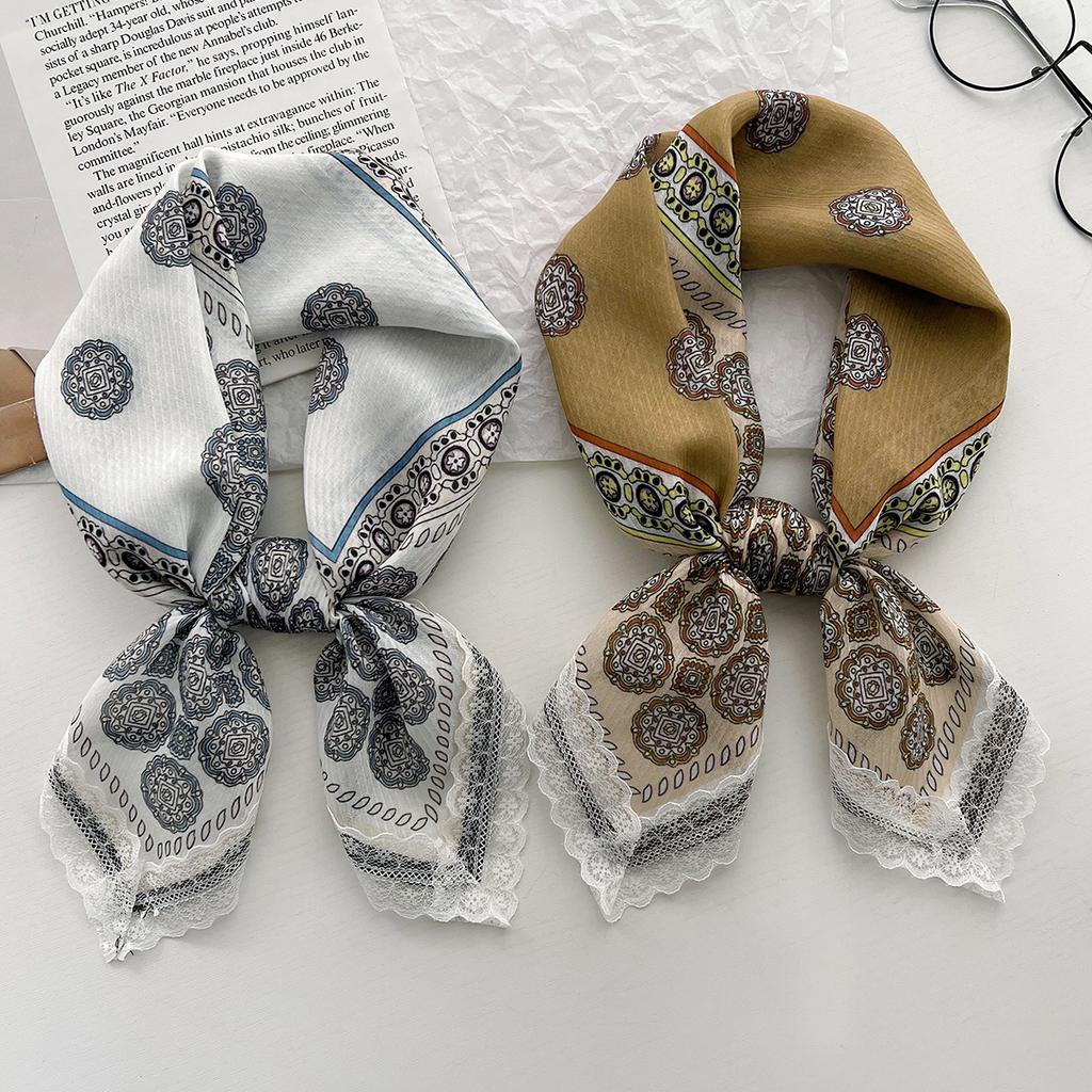 Spring And Summer Versatile Decorative Silk Scarf Polka Dot Pattern Lace Small Square Scarf Multi-Functional Headscarf Tied Hair Band