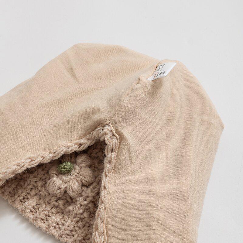 Korean Chic Flower Earmuff Hat: Warm Knit Wool Head Cover for Infants & Toddlers with Ties, Windproof & Handmade