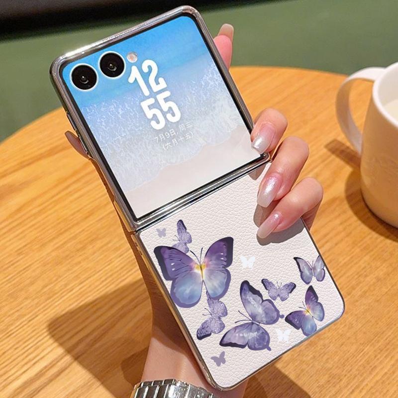 Butterfly Print PU Leather Phone Case For Samsung Galaxy Z Flip7 FE Flip6 Flip 7 6 5 5G Silver Plating Frame Hard Folding Cover