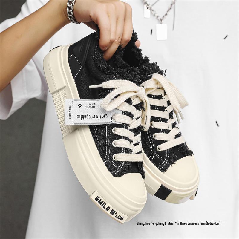 Herren Schwarze Sommer Canvas Plateau Sneaker: Atmungsaktive, höhenerhöhende, lässige Schuhe im amerikanischen Stil für Studenten