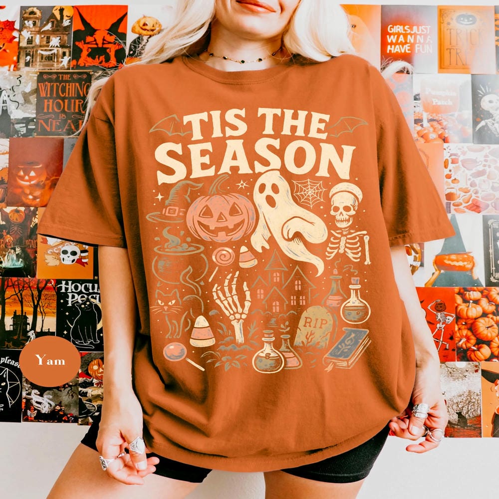 Women Retro Tis The Season Skeleton Pumpkin Ghost Halloween TShirt Vintage Halloween Comfort Y2K Top Daily Trendy Streetwear S