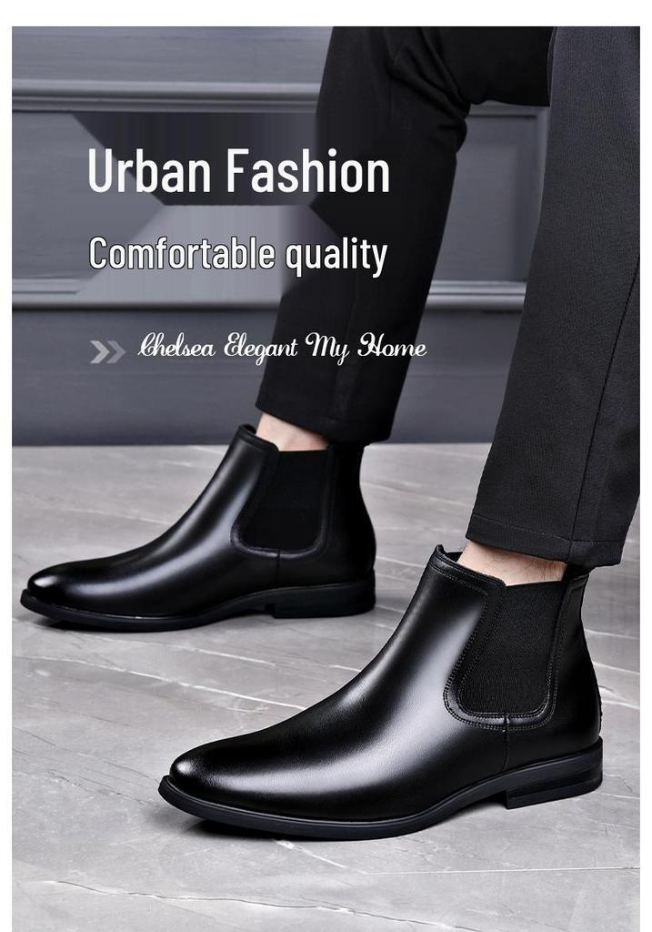 Chelsea Pointed Toe Leather Boots: Fashionable Slip-on, Korean & British Style Business Men's Plus Size Shoes.