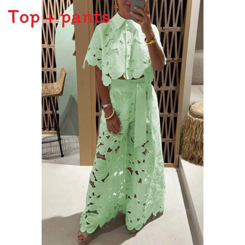 Summer Womens Casual Set With Hollow Out Overlay And Long Pants For Beach And Leisure