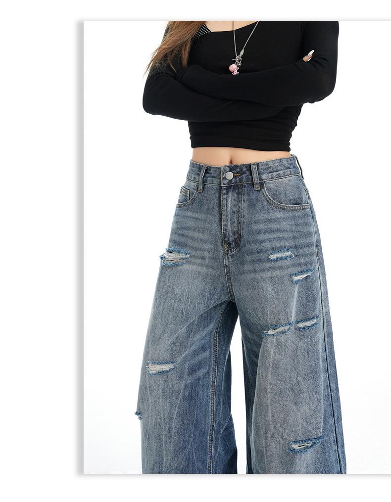 American Retro Wide-Leg Ripped Jeans - Women’s Fashionable Slimming Spring/Autumn Style