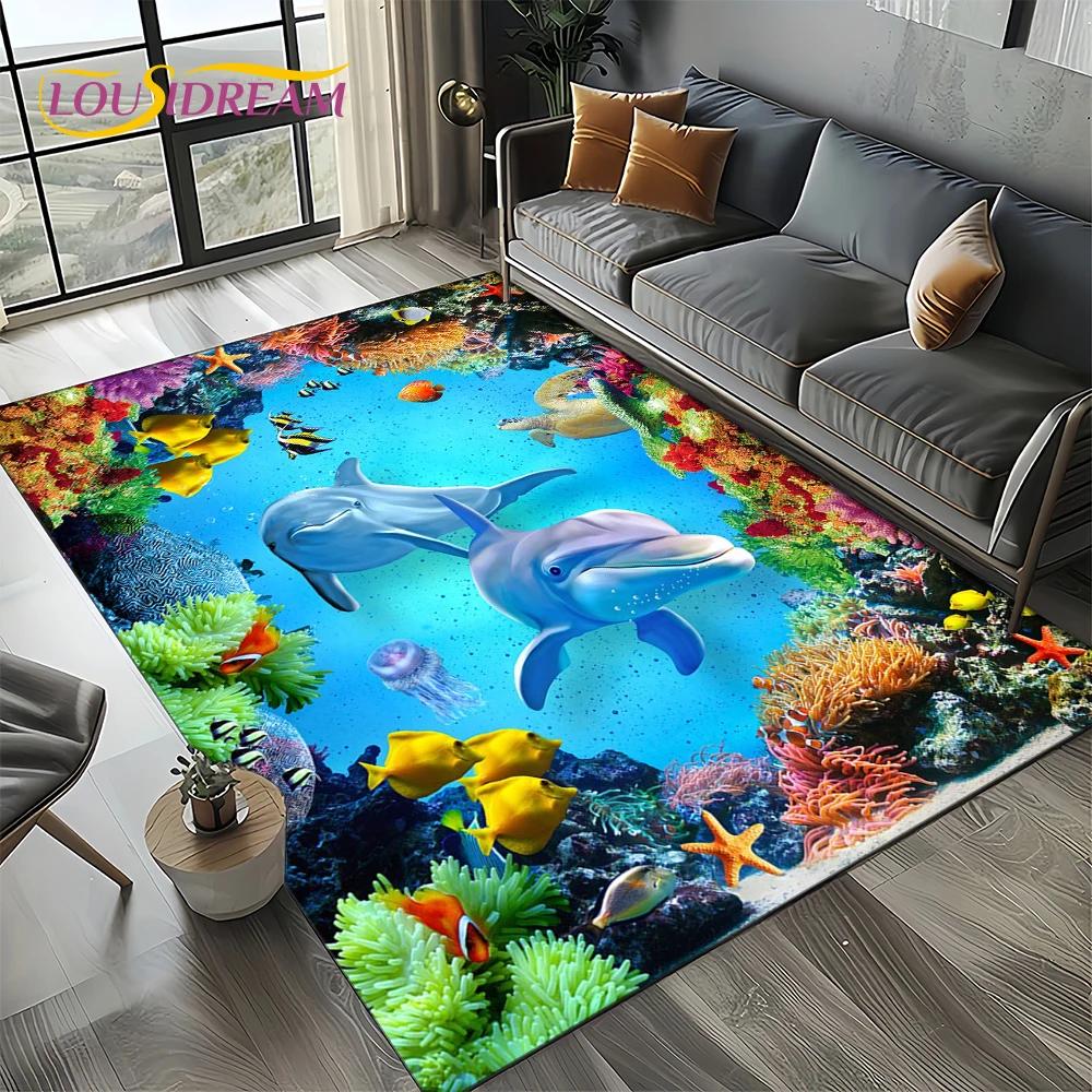 Underwater World 3D Illusion Seabed Cartoon Shark Dolphin Carpet Rug for Living Room Bedroom Home Sofa Decoration,Floor Mat Kid