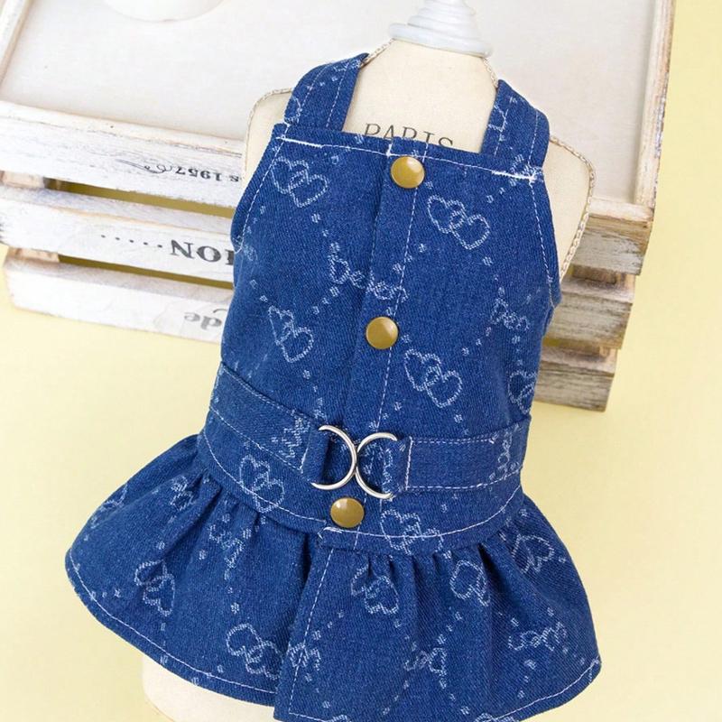 Navy Blue Spring/Summer Cute Ladylike Heart & Paw Print Pattern Summer New Light and Breathable Retractable Pet Dog Dress, in Europe and America