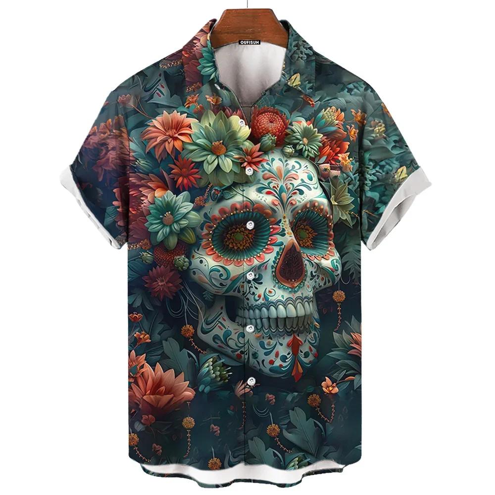 Men's Shirts Skull Face 3d Print Short Sleeve Day of The Dead Shirt Skull Retro Loose Oversized Man Clothing Festival Clothing