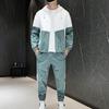 2Pcs/Set Men Spring Autumn Patchwork Color Sport Outfit Hooded Drawstring Long Sleeve Zipper Packet Coat Elastic Waist Pockets Sweatpants Set