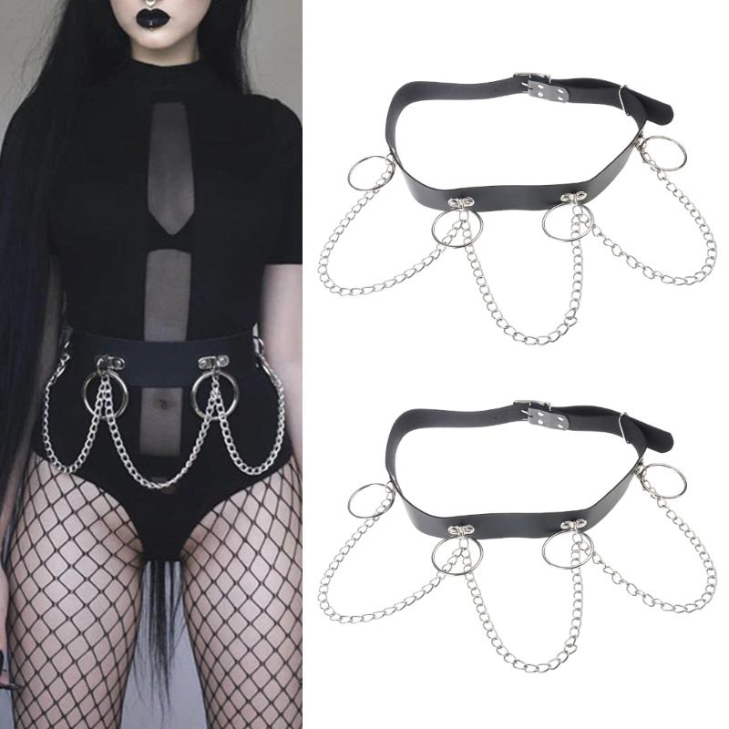 Gothic Waist Chain Alloy and PU Leather Body Chains with Rounded Circle Decor Body Straps Accessories for Women and Girl