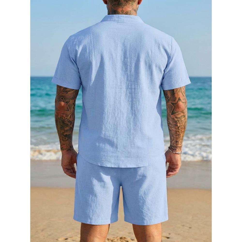 New Men’s Plain-coloured Vintage-style Casual Linen Short-sleeved Shirt and Shorts Set