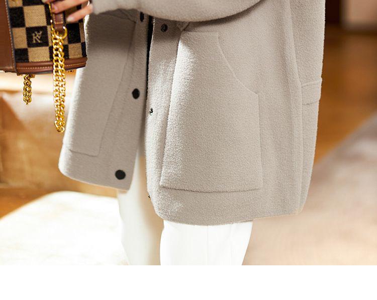 Dámský vlněný kabát střední délky s kapucí - Jednobarevný, Všestranný, Zeštíhlující, Ležérní, Jaro 2023