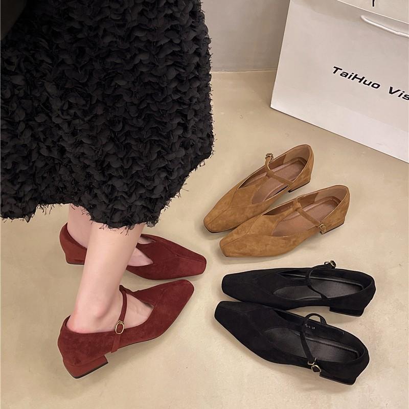 French small square head retro thick heel suede single shoes women's autumn design buckle Mary Jane shoes