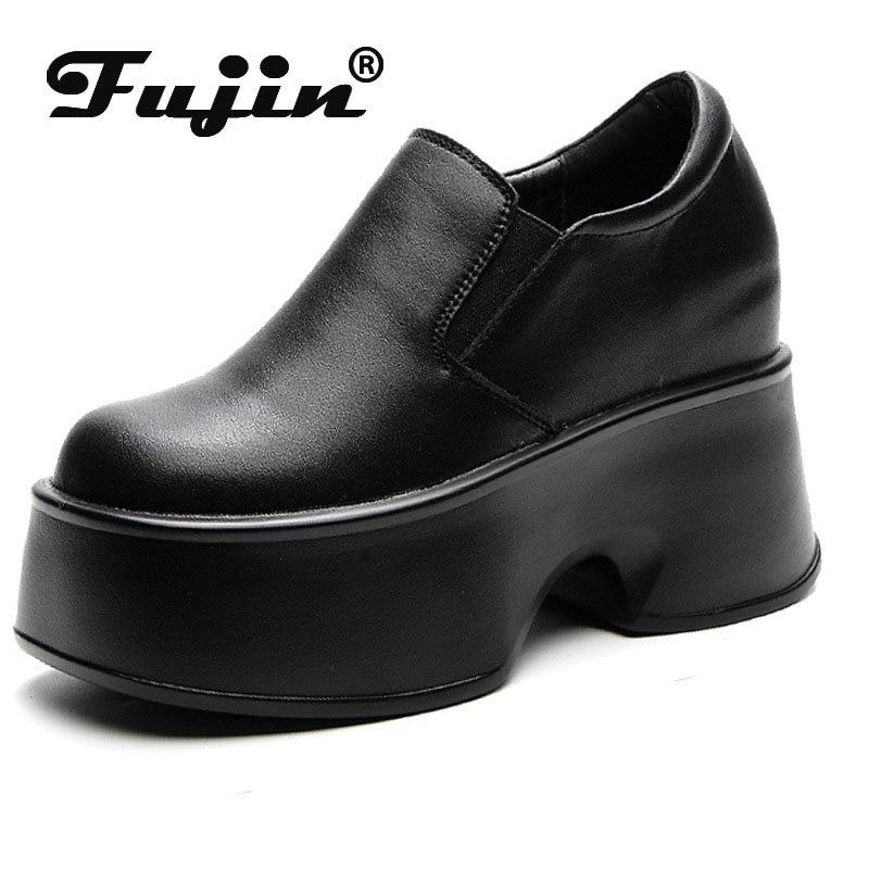 

Fujin 11 см из натуральной коровьей кожи, женские мокасины без шнуровки, этническая ручная обувь на танкетке, летние женские туфли для отдыха с круглым носком