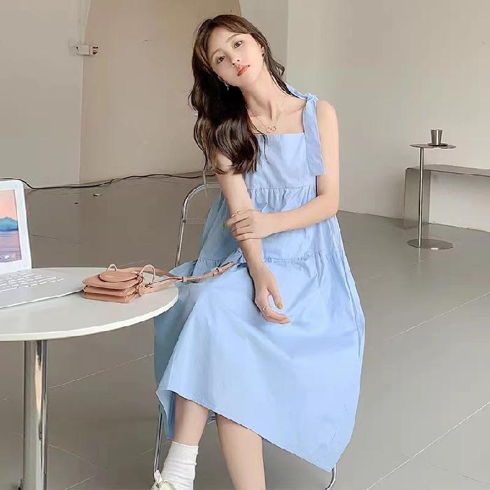 First love white suspender dress women s summer new design sense niche gentle wind milk sweet long skirt S синий