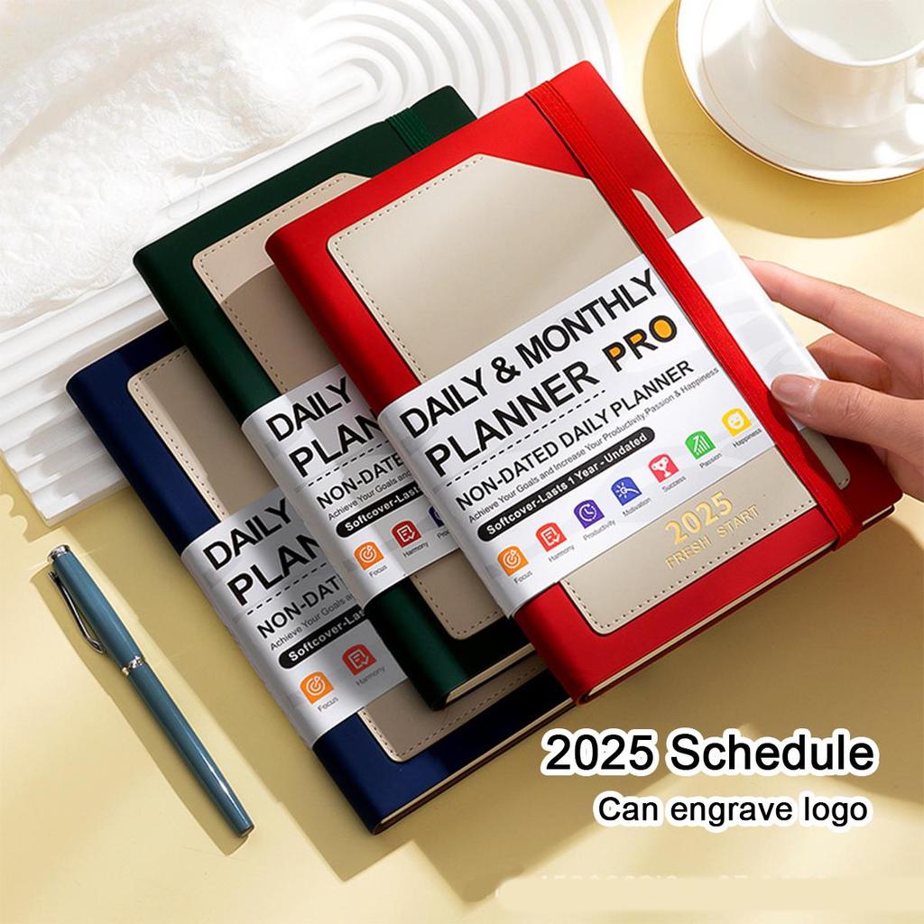 A5 leather 2025 business schedule book, English inner pages, student daily planner, 365-day record book, notepad, memo, 200 sheets