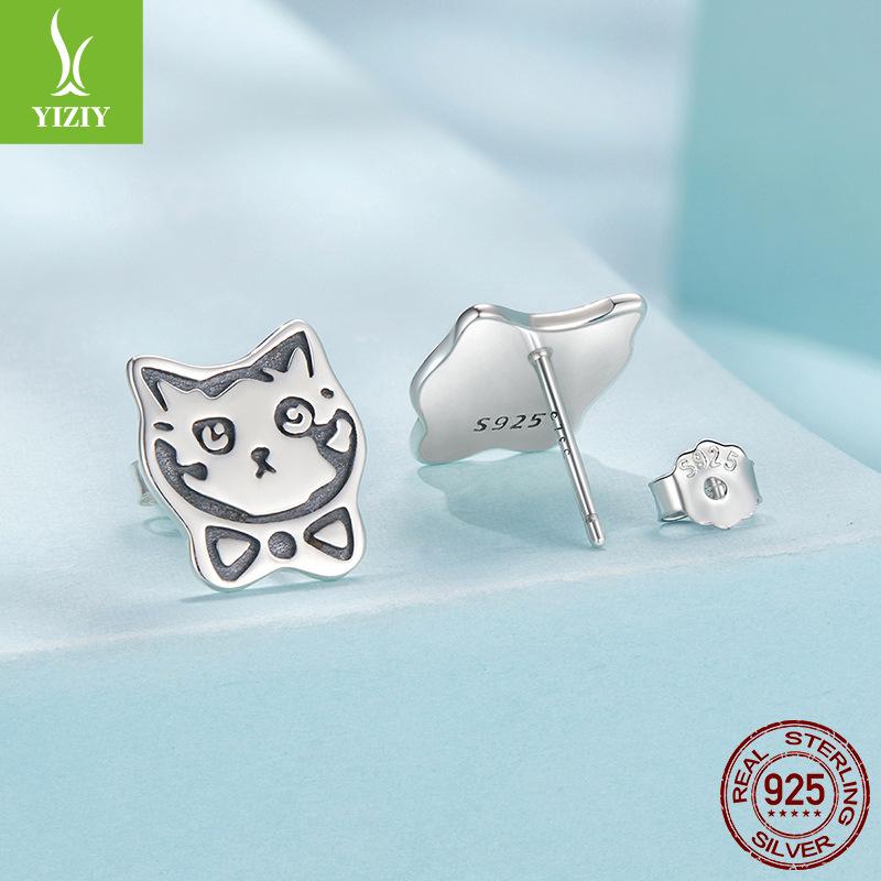 Cute Retro Graffiti Cat Stud Earrings, Pet Cat S925 Sterling Silver Whole Body Stud Earrings Jewelry