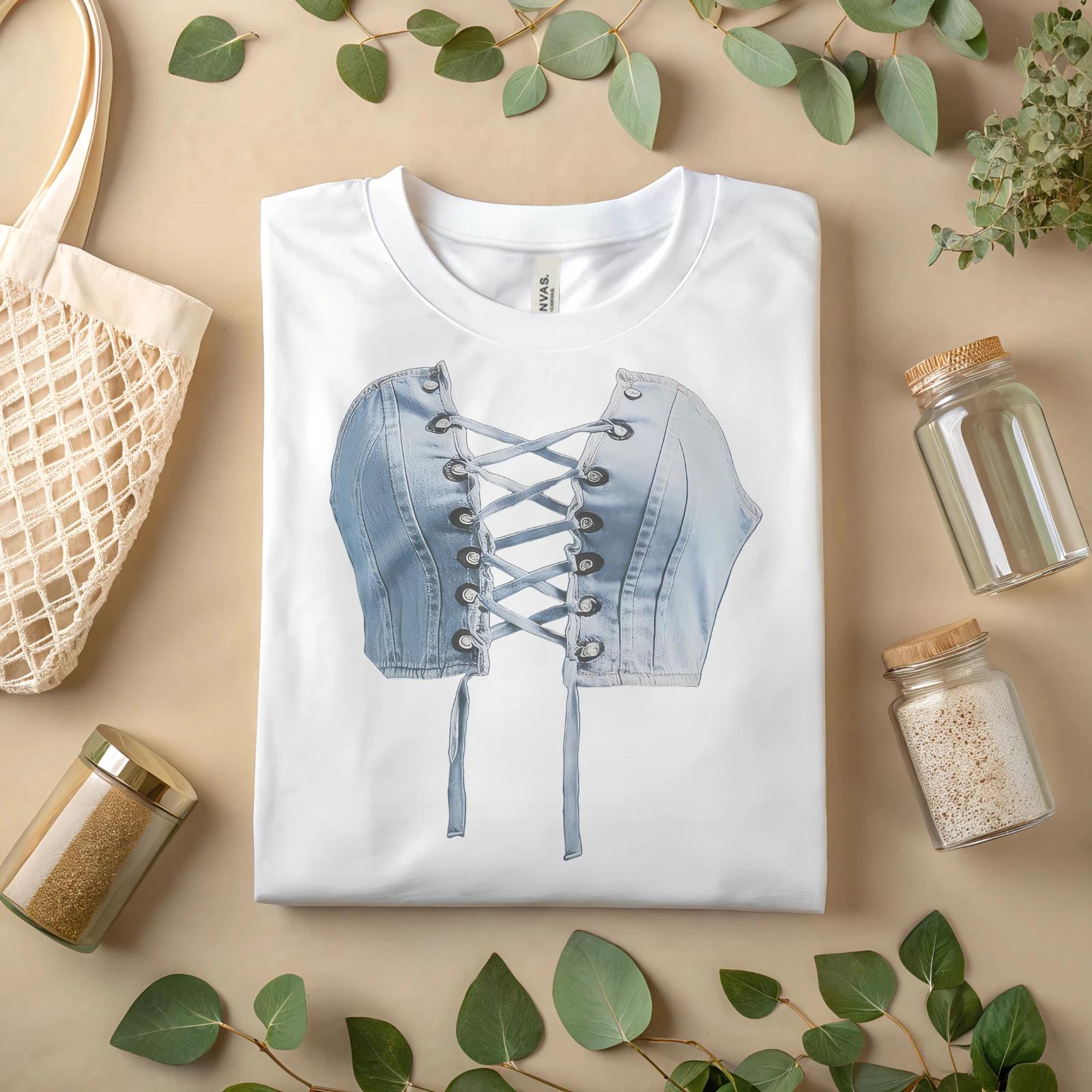 Джинсовая футболка с принтом корсета – Забавная 3D футболка-иллюзия с шнуровкой на груди A185 L