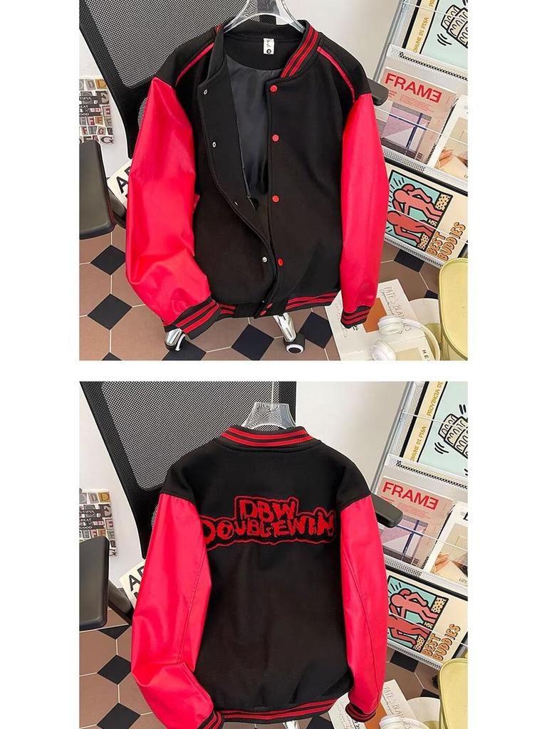 Giacca da Baseball Raglan Oversize Hip Hop da Uomo con Blocco di Colore e Ricamo in Spugna - Capospalla Primavera/Autunno