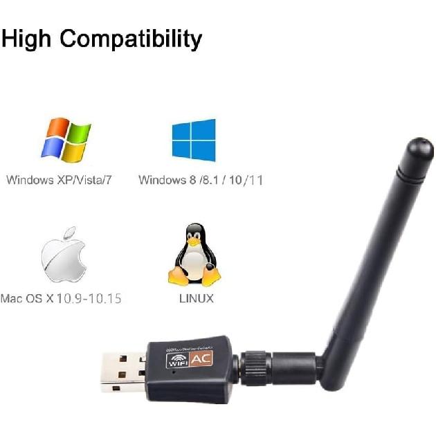 600Mbps Dual Band 2.4/5GHz Internet USB WiFi Adapter, Laptop Wireless Receiver Network Dongle with Antenna, Compatible with Windows