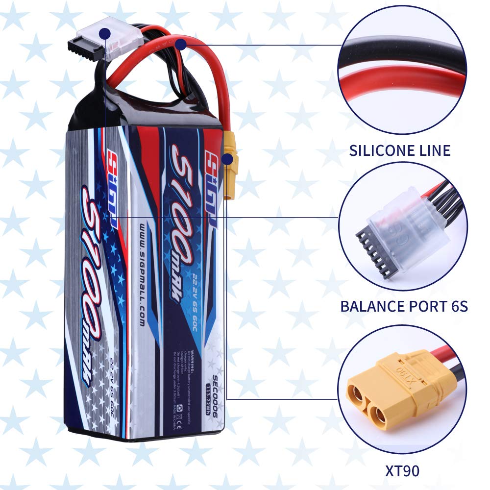 SIGP 6S 22.2V LiPo 5100mAh 60C with XT90 Plug for Remote Control Aircraft, Quadcopter, Drone, FPV, Helicopter Racing Hobbies