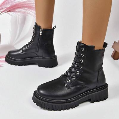 Übergröße PU Leder Motorradstiefel Damen Kurze Plüsch Plateau Stiefeletten Frau Herbst Winter Dicke Sohle Schnürstiefel Botas Mujer