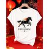 European Size 2026 Fire Horse Chinese Zodiac Design | Flame Horse Print Casual Tee for Women, Holiday Gift New Year Gift, Crew Neck, Short Sleeve