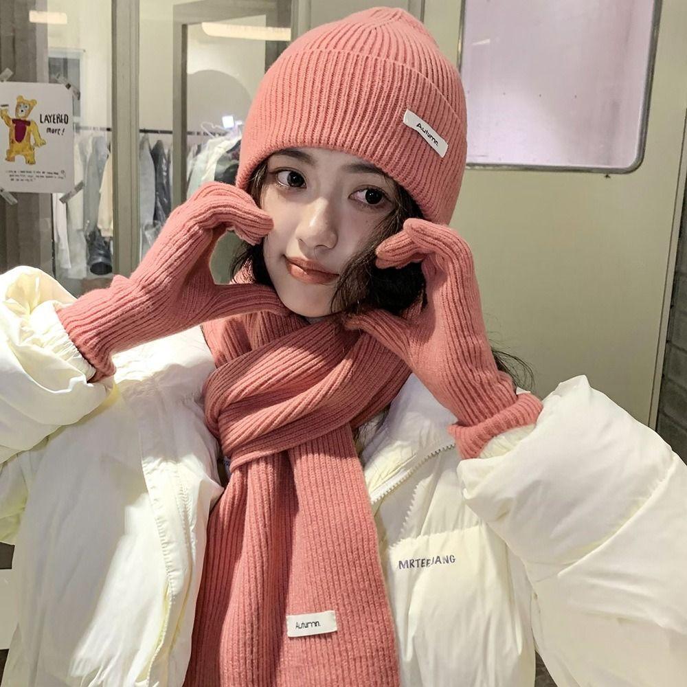 Solid Color Hat Scarf Gloves Set Warm Winter Beanie Hat Neck Warmer Thermal Knit Cap Hiking