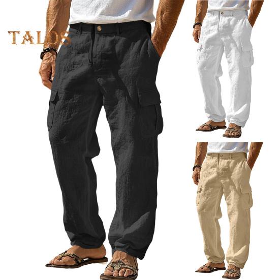 Men's Casual Straight Trousers Solid Color Streetwear Pants Loose Fit Beach Style Pants with Multiple Pockets for Fitness Travel Daily Wear