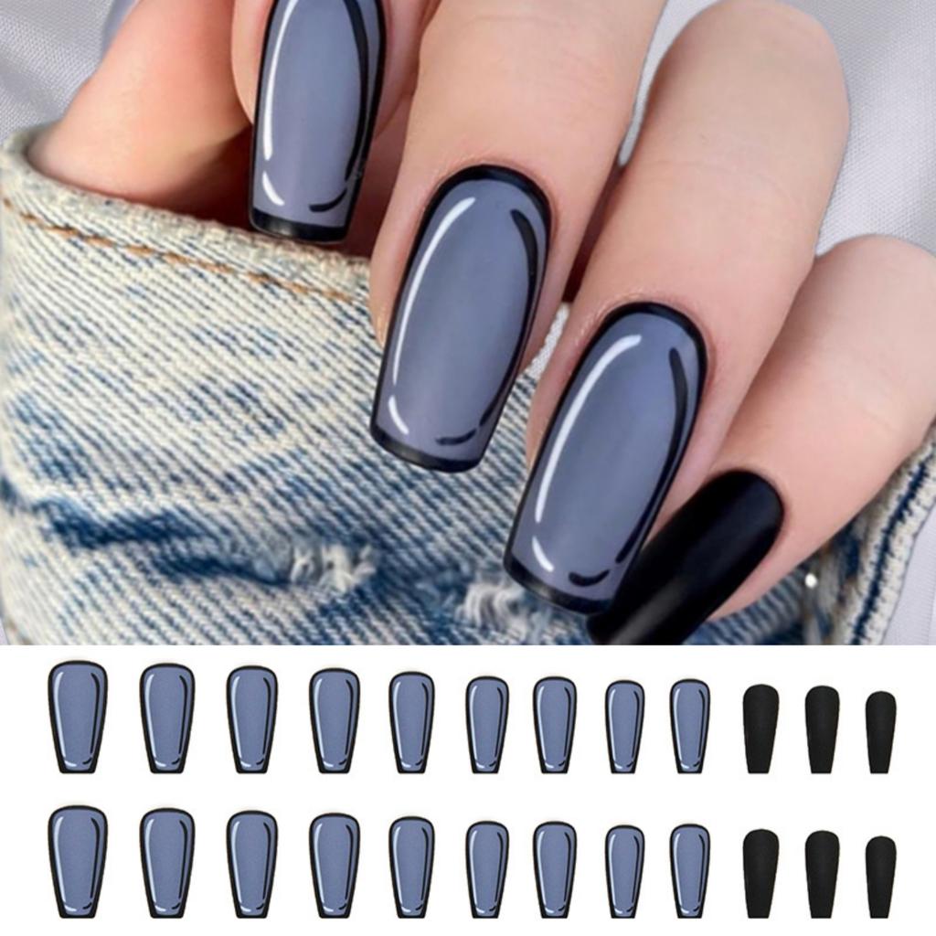 24Pcs Almond Long French Fake Nails Pointed Glossy White Edge Artificial Acrylic Press On Nails Removable Nail Art Tips