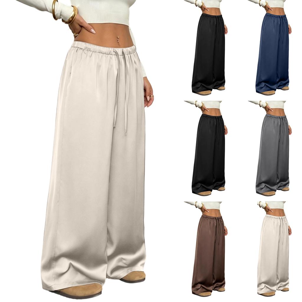 Women High Waist Loose Fit Wide Leg Pants Soft Flowing Fabric Relaxed Casual Trousers with Drawstring Waistband for Daily Wear