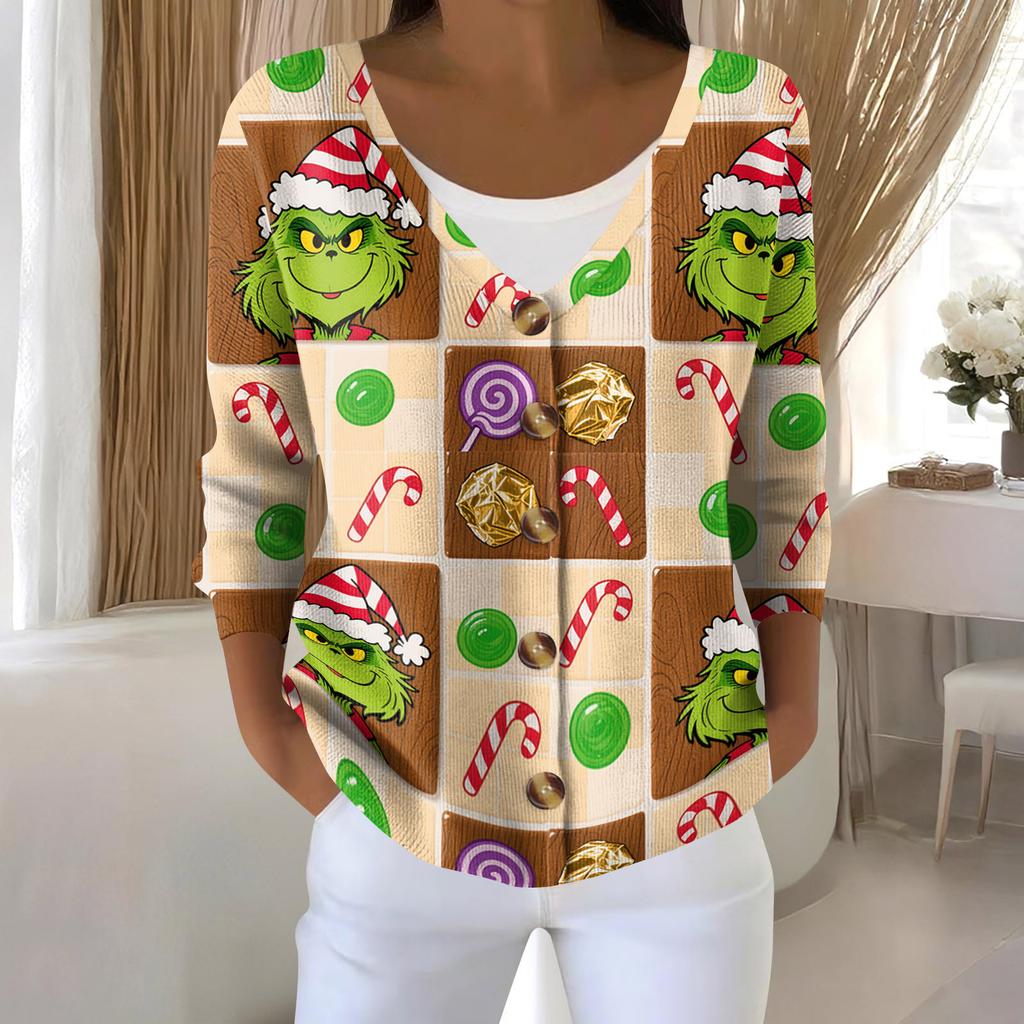 Women's Fashion Long Sleeve Christmas Snowman Snowflake Print Jacket Cardigan