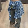 Stern Schnürung Hüftschal Hip-Hop Rüschenrand Bund Schicht Outfits Karierter Rock Jeans Dekoration