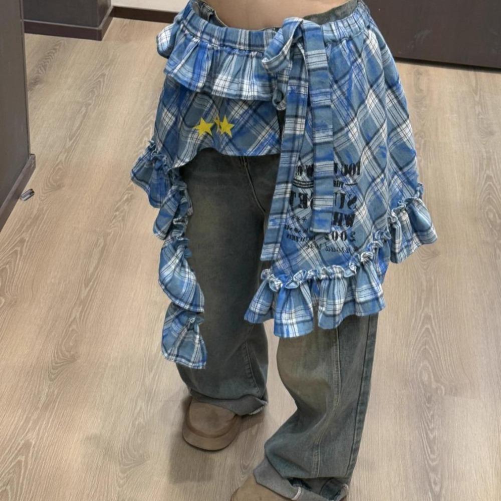 Stern Schnürung Hüftschal Hip-Hop Rüschenrand Bund Schicht Outfits Karierter Rock Jeans Dekoration
