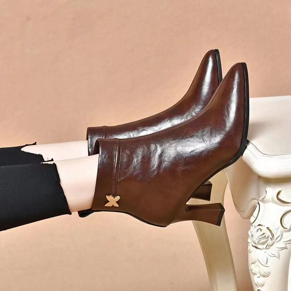 Fashion Woman Short Shoes Pointed Toe Fur Black Leather Ankle Boots for Women Fashion 2025 Pu Boot Autumn Large Size Warm Goth Booties