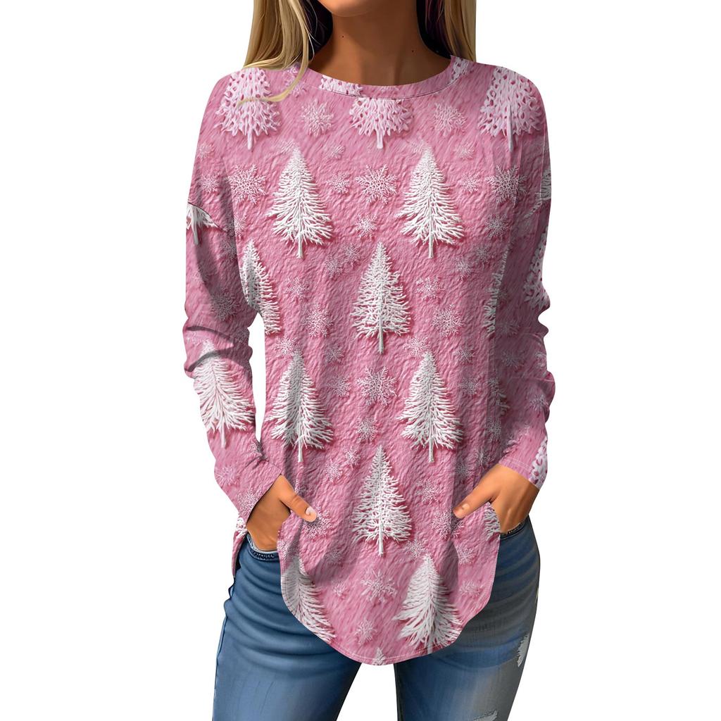 Damen T-Shirt mit Rundhalsausschnitt, Weihnachtsdruck, langärmelig