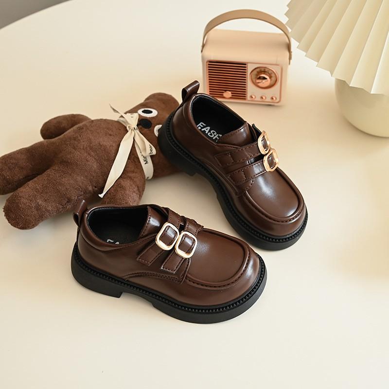 Girls Leather-Look Loafers Fall School Performance Black Brown Beige Kids Flat Shoes With