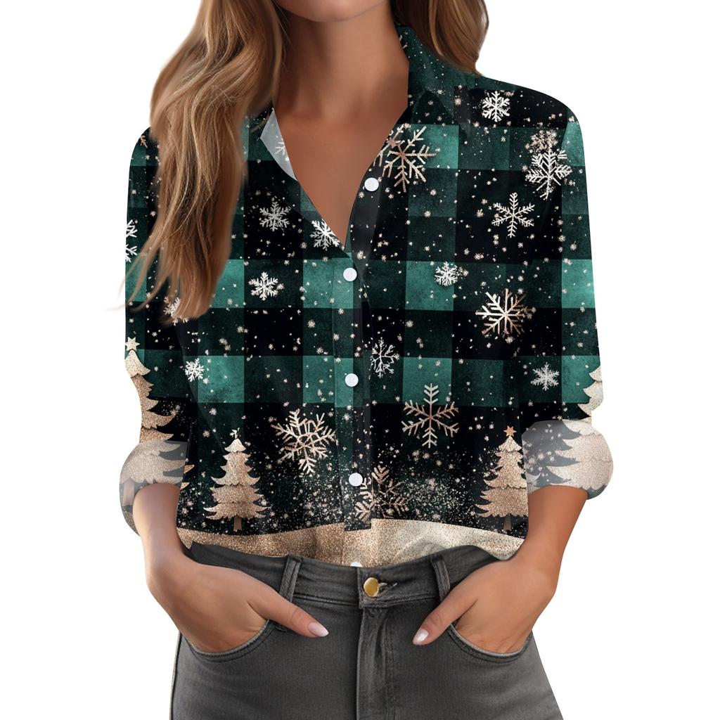 Skjortebluse for kvinner Juletrykkknapp Langermet Casual Basic skjortekrage Vanlig topp