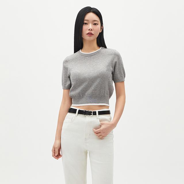 LAP Contrast Line Short Sleeve Slim Knit Ar1Kh360