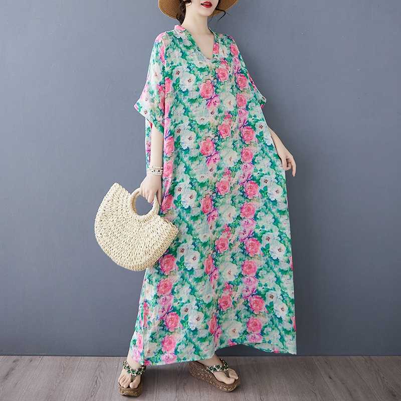 Summer Color Travel V-neck Retro Long Skirt Cotton Linen Dress