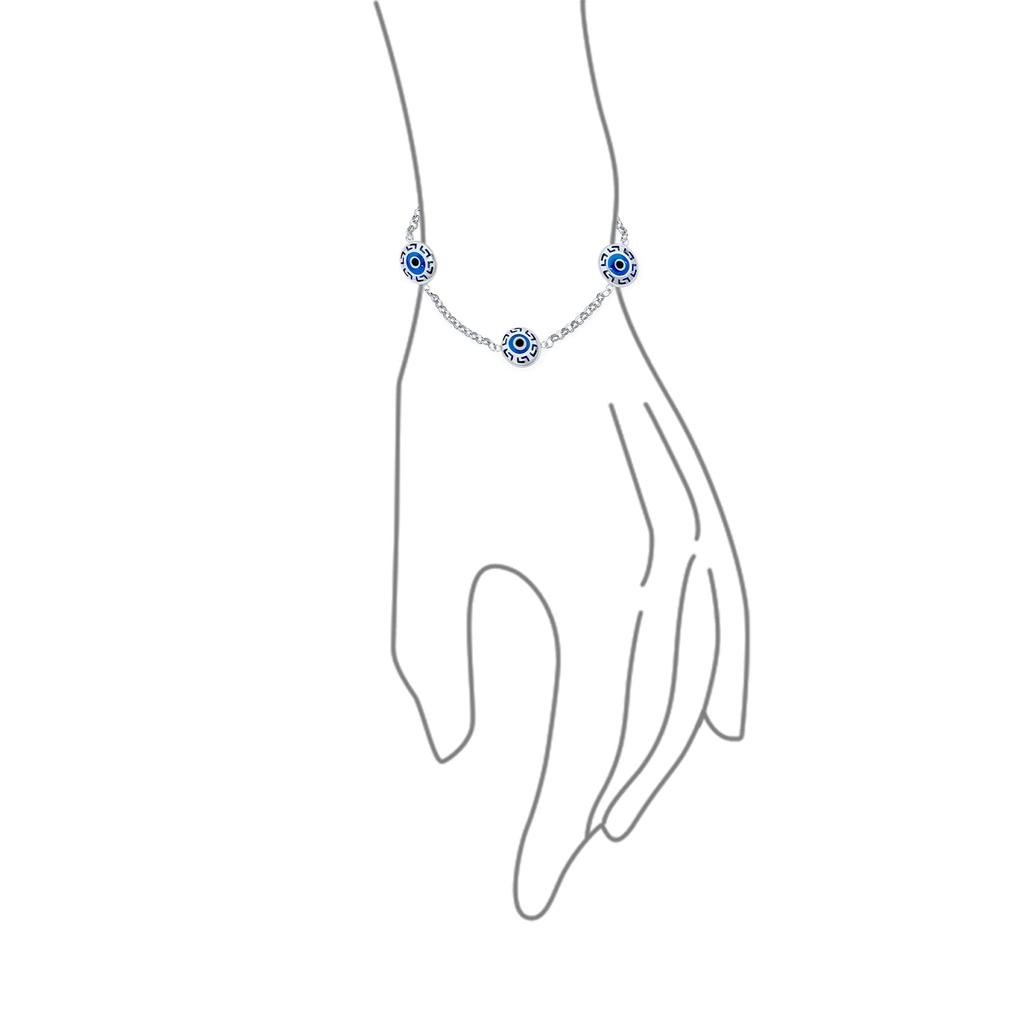 Spiritueller Schutz, Amulett, Station, Kettenglied, griechisches Motiv, blauer Böser Blick, Charm-Armband für Frauen und Sterlingsilber, „Turkish Teenagers“. .925 7,5"