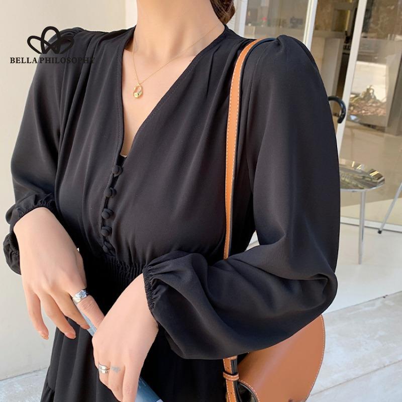 Francouzské jednobarevné dámské ležérní dlouhé společenské šaty s dlouhým rukávem a výstřihem do V